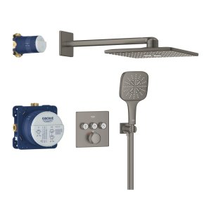 Potinkinis termostatinis dušo komplektas Grohe Smartcontrol su kvadratine galva 310, metalinė žarna matinė grafito spalva