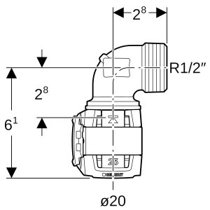 Alkūnė 90° išorinis sriegis bronza d20mm, R1/2, Geberit Flowfit