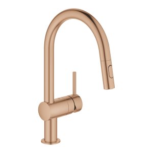 Plautuvės maišytuvas GROHE Minta C formos su ištraukiama žarna, matinio rausvo aukso spalva (Brushed Warm Sunset)