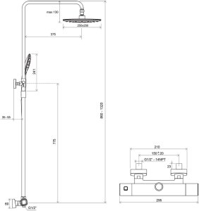 Termostatinė dušo sistema Ravak 10° Free 091.20, 150 mm, juodos matinės spalvos