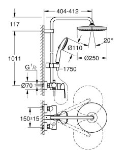 Dušo sistema su maišytuvu GROHE Tempesta System 250, 1011mm stovas, chromo spalvos 