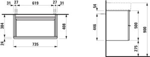 Spintelė praustuvui Laufen SPACE 735x410x520 mm, 2 stalč., praustuvui 810285, spalva- tamsi guoba, su tamsiai rudo aliuminio rankenėlėmis