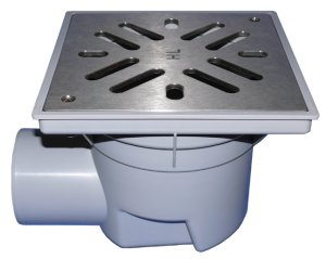 Trapas Perfekt, horizontalus DN110 su PP rėmu 244x244mm, nerūdijančio plieno grotelėmis 226x226mm su neužšąlančiu sifonu, 1,5t