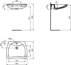 Praustuvas IDEAL STANDARD MAIA, neįgaliems, matmenys: 650x550x155 mm