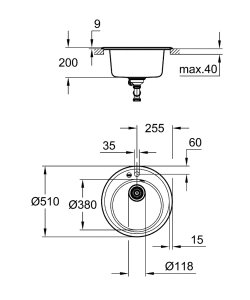 Plautuvė GROHE K200 50C  510/380mm apvali, uždedama, granito juoda spalva