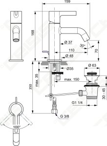 Maišytuvas praustuvui Ideal Standard Joy, su dugno vožtuvu, 5 l/min, spalva Magnetic Grey    