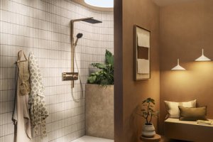 Termostatinė dušo sistema HANSGROHE Raindance Alive Q 210/340, 2 srovių, spalva - šlifuotos bronzos (brushed bronze)
