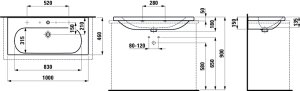 Praustuvas Laufen LUA 1000x460x180 mm, šlifuota apačia, su 1 anga maišytuvui viduryje