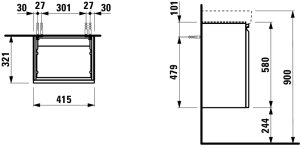 Spintelė praustuvui Laufen PRO S 415x320x580 mm, 1 durelės, lankstai kairėje, 1 stiklinė lentynėlė, tinka praustuvui 815961, spalva - grafito