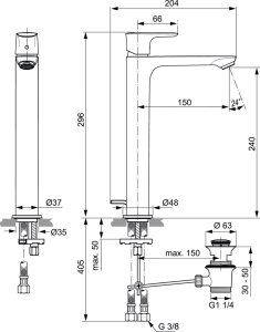 Maišytuvas praustuvui Ideal Standard Connect Air, aukštas, su dugno vožtuvu, spalva magnetic grey