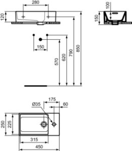 Praustuvas Ideal Standard Extra, 450x250x150 mm, dešinėje pusėje, šlifuota apačia