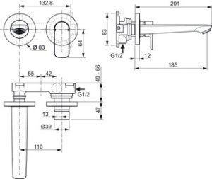Maišytuvas praustuvui iš sienos Ideal Standard Connect Air, 2 dalių, spalva - Brushed Gold, snapo ilgis 185 mm