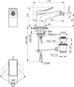 Bidė maišytuvas Ideal Standard Conca, su dugno vožtuvu, spalva Magnetic Grey