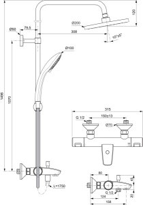 Sistema vonios/dušo Ideal Standard Ceratherm T25, Ø20cm lietaus galva