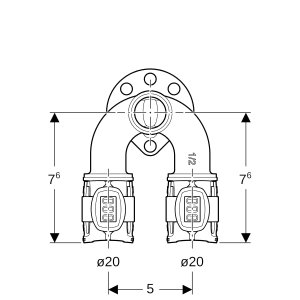 Alkūnė prietaisinė dvigubu tvirtinimu 90° br,d20mm,Rp1/2 "d1=20mm, L5,2, Geberit Flowfit