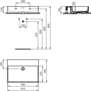 Praustuvas Ideal Standard Extra, matmenys: 615x450x150mm, montuojamas ant stalviršio (šlifuota apačia) arba ant sienos, be skylės maišytuvui