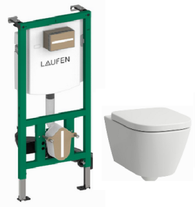 Komplektas LAUFEN Meda: Pakabinamas unitazas LAUFEN Meda Rimless Silent Flush (20110) su dangčiu softclose (91113) ir potinkinis rėmas INEO (20115)