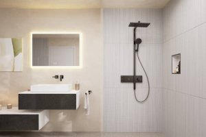 Termostatinė dušo sistema HANSGROHE Raindance Alive Q 210/340, 2 srovių, spalva - šlifuoto juodo chromo spalvos (brushed black chrome)