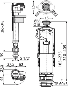 Vandens nuleidimo ir apatinio pripildymo mechanizmo komplektas Alcadrain SA2000SK 1/2" CHROM, su STOP mygtuku