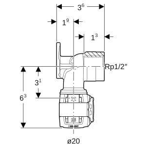 Alkūnė prietaisinė 90° bronza d20mm, Rp=1/2, L=3,6, Geberit Flowfit