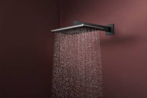Dušo galva su laikikliu iš sienos HANSGROHE Raindance Alive Q 210/340, 2 srovių, spalva - šlifuoto juodo chromo (brushed black chrome)