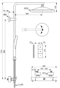 Sistema dušo Ideal Standard Ceratherm T125, su termostatiniu maišytuvu, su apvalia 300mm 3 funkcijų pagrindine dušo galva 12 l/min (srovė keičiama mygtuko paspaudimu pultelyje), 130mm 3 funkcijų rankinis dušas 8 l/min, chromas