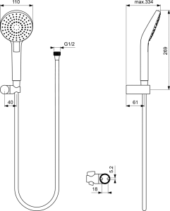 Komplektas rankinio dušo IdealRain Evo, 3 dalių: 1750mm IdealFlex dušo žarna, rankinė dušo galva 110mm (3 srovių), reguliuojamas laikiklis