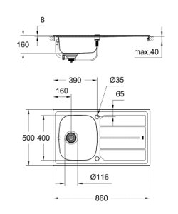 Plautuvė GROHE K200 uždedama 86x50cm su padėklu, nerūdijančio plieno