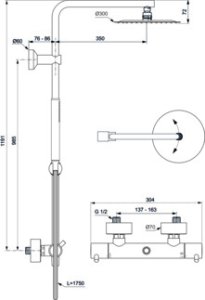 Dušo sistema IDEAL STANDARD Ceratherm T125,termostatinė. Komplekte termostatinis maišytuvas,Ø300mm lietaus dušo galva, rankinis dušas-"pirštelis', juoda matinė