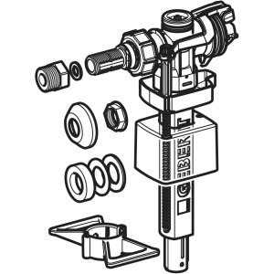 Vandens pripildymo mechanizmas Geberit 383 keraminiam WC bakeliui,  šoninis pajungimas, 3/8" ir 1/2", žalvarinis sriegis