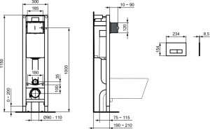 Rėmas WC, Ideal Standard ProSys Eco M, siauras(30cm), 3/6l (reguliuojasi į 4/2l), su mygtuku Oleas M2 R0121AC, chromas
