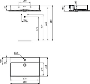Praustuvas Ideal Standard Extra, matmenys: 700x450x150mm, montuojamas ant stalviršio (šlifuota apačia) arba ant sienos