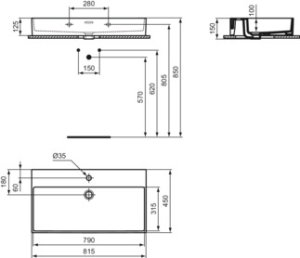 Praustuvas Ideal Standard Extra, matmenys: 815x450x150mm, montuojamas ant stalviršio (šlifuota apačia) arba ant sienos