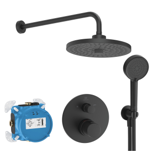 Komplektas dušo potinkinis Ideal Standard Ceratherm 100: apvali 260mm 2 srovių lietaus galva, 100mm rankinis dušas,  400 mm alkūnė, spalva-juoda matinė
