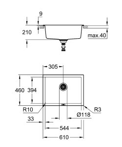 Plautuvė GROHE K700U 70C 610x460 universali, granito juoda spalva