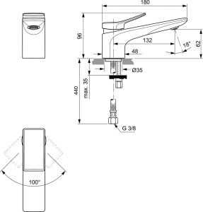 Maišytuvas praustuvui Ideal Standard Conca, be dugno vožtuvo, 5l/min, spalva Magnetic Grey