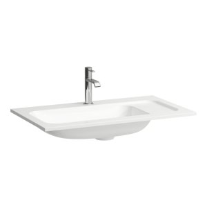 Praustuvas Laufen MEDA 777x445x132 mm, baldinis, su 1 anga maišytuvui viduryje, lentyna dešinėje