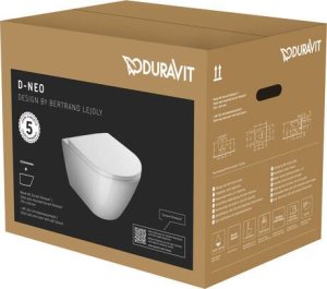 Pakabinamas unitazas Duravit D-Neo Rimless, su lėtai užsidarančiu dangčiu, bakelis į komplektą neįeina