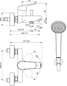 Maišytuvas voniai/dušui Ideal Standard Ceraflex, su dušo komplektu (rankinė dušo galvutė, fiksuotas laikiklis, dušo žarna 1500mm)