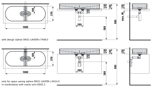 Praustuvas-dubuo Laufen SONAR, 1000x370x130 mm, dvigubas, su tekstūra, be vietos maišytuvo tvirtinimui