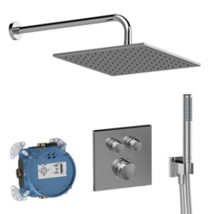 Ideal Standard Ceratherm Navigo potinkinė termostatinė sistema: 300x300mm metalinė galva, rankinis dušas, alkūnė su laikikliu, 400mm sieninė alkūnė