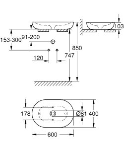Praustuvas - dubuo GROHE Essence 60 x 40, pastatomas, su dugno vožtuvu