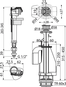 Vandens nuleidimo ir pripildymo per apačią mechanizmo komplektas Alcadrain SA08AS 1/2" CHROM, su dvigubu mygtuku