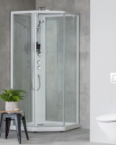 Penkiakampis dušo boksas Contura Group Showerama 90x90 cm, baltais profiliais, skaidriais stiklais