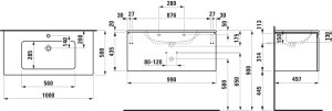Spintelė su praustuvu Laufen PRO S 1000x500x460 mm, 2 stalčiai (išorinis ir vidinis), spintelės spalva - balta