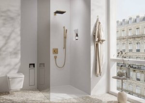 Rankinė dušo galvutė HANSGROHE Pulsify E 100, 1 srovės, EcoSmart+, spalva - šlifuota bronza (brushed bronze)