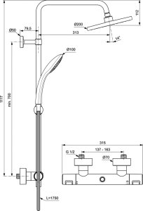 Dušo sistema IDEAL STANDARD Ceratherm25,termostatinė. Komplekte termostatinis maišytuvas,Ø200mm lietaus dušo galva, Ø100mm rankinis dušas,  spalva - matinė juoda