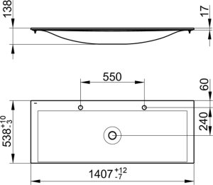 Praustuvas Keuco Edition11, matmenys: 1407x538x17mm, 2 skylės maišytuvui be perpylimo