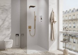 Rankinė dušo galvutė HANSGROHE Pulsify E 100, 1 srovės, EcoSmart+, spalva - šlifuota bronza (brushed bronze)