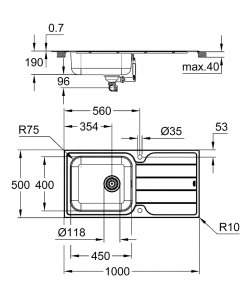 Plautuvė GROHE K500 100x50 K500 uždedama, su padėklu, nerūdijantis plienas